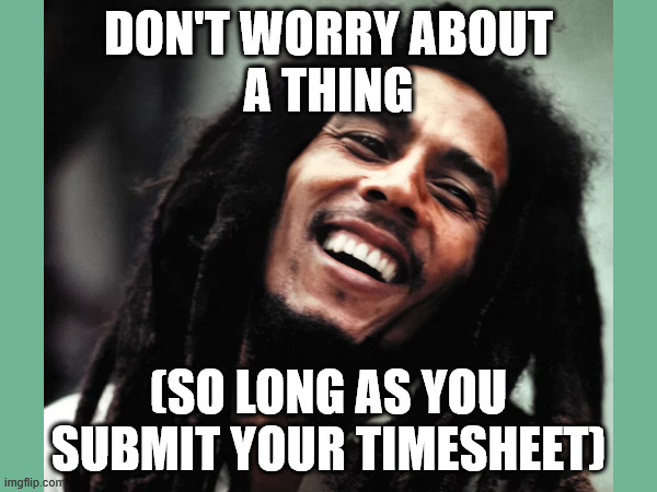 Bob Marley Timesheet Reminder | DON'T WORRY ABOUT
A THING; (SO LONG AS YOU
SUBMIT YOUR TIMESHEET) | image tagged in timesheet reminder,timesheet meme,timesheet,bob marley | made w/ Imgflip meme maker