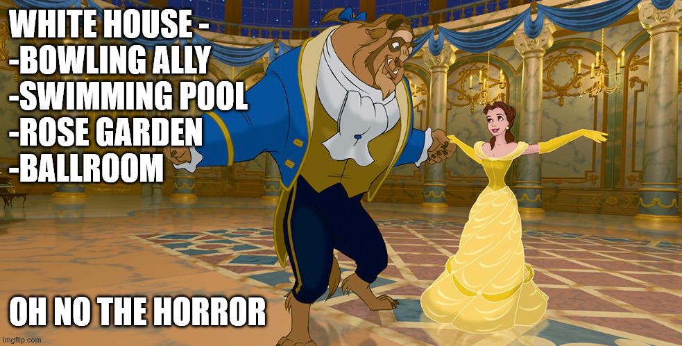 I personally would have build a rollercoaster for WH-tourists, but that´s just me. | WHITE HOUSE -
-BOWLING ALLY
-SWIMMING POOL
-ROSE GARDEN
-BALLROOM; OH NO THE HORROR | image tagged in ballroom,trump,cultur | made w/ Imgflip meme maker