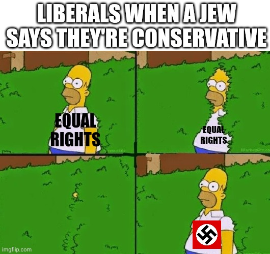 Liberals when a jew says they're conservative | LIBERALS WHEN A JEW SAYS THEY'RE CONSERVATIVE; EQUAL RIGHTS; EQUAL RIGHTS | image tagged in homer bush | made w/ Imgflip meme maker