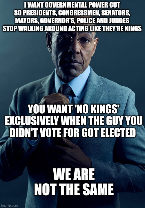 Gus Fring we are not the same | I WANT GOVERNMENTAL POWER CUT SO PRESIDENTS, CONGRESSMEN, SENATORS, MAYORS, GOVERNOR'S, POLICE AND JUDGES STOP WALKING AROUND ACTING LIKE THEY'RE KINGS; YOU WANT 'NO KINGS' EXCLUSIVELY WHEN THE GUY YOU DIDN'T VOTE FOR GOT ELECTED; WE ARE NOT THE SAME | image tagged in gus fring we are not the same | made w/ Imgflip meme maker
