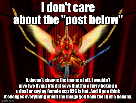 I found the text from a diff temp so I stole it lmao | I don't care about the "post below"; It doesn't change the image at all. I wouldn't give two flying tits if it says that I'm a furry licking a urinal or saying female scp 026 is hot. And if you think it changes everything about the image you have the iq of a banana. | made w/ Imgflip meme maker