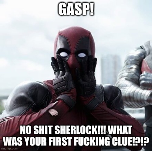 Deadpool Surprised Meme | GASP! NO SHIT SHERLOCK!!! WHAT WAS YOUR FIRST FUCKING CLUE!?!? | image tagged in memes,deadpool surprised | made w/ Imgflip meme maker