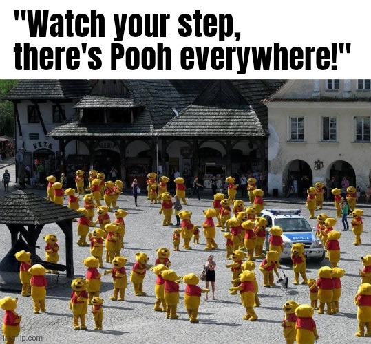 I can't think of a funny title, sorry... | "Watch your step, there's Pooh everywhere!" | image tagged in memes,winnie the pooh,wordplay | made w/ Imgflip meme maker