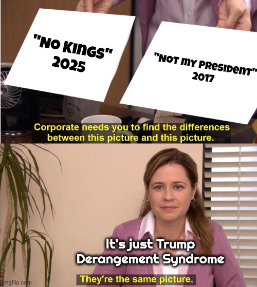 More Word Games | "No Kings"
2025; "Not my President"
2017; It's just Trump Derangement Syndrome | image tagged in memes,they're the same picture,tds,no kings,no trump,not fooled | made w/ Imgflip meme maker