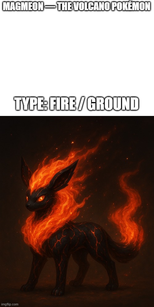 new fakemon | MAGMEON — THE VOLCANO POKÉMON; TYPE: FIRE / GROUND | image tagged in pokemon,fakemon | made w/ Imgflip meme maker