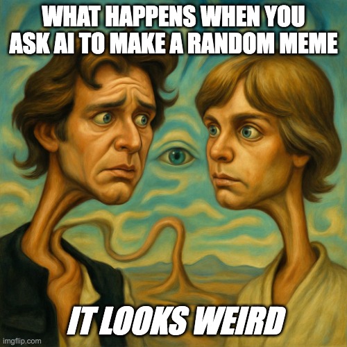 When you ask AI to make a meme | WHAT HAPPENS WHEN YOU ASK AI TO MAKE A RANDOM MEME; IT LOOKS WEIRD | image tagged in han solo looking nervously at luke skywalker | made w/ Imgflip meme maker
