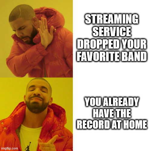 Streaming doesn't cancel your record collection | STREAMING SERVICE DROPPED YOUR FAVORITE BAND; YOU ALREADY HAVE THE RECORD AT HOME | image tagged in drake blank | made w/ Imgflip meme maker