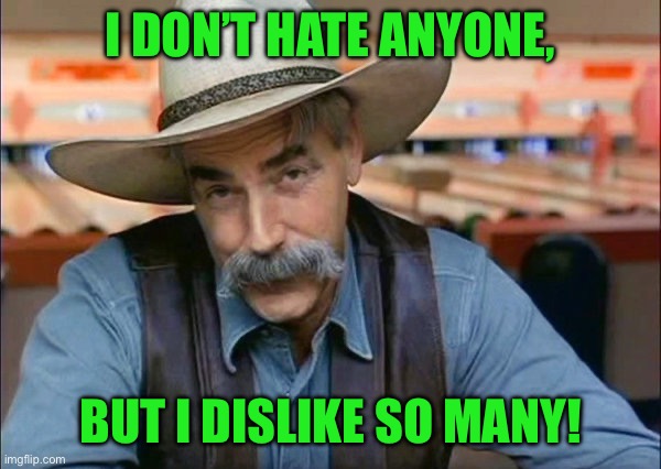 Sam Elliott special kind of stupid | I DON’T HATE ANYONE, BUT I DISLIKE SO MANY! | image tagged in sam elliott special kind of stupid | made w/ Imgflip meme maker