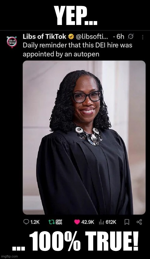 One of the ultimate examples of a DEI hire… | YEP…; … 100% TRUE! | image tagged in political meme,kbj,supreme court,dei hire,autopen,joe biden | made w/ Imgflip meme maker