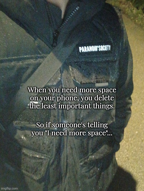When you need more space on your phone, you delete the least important things. So if someone's telling you "I need more space"... | made w/ Imgflip meme maker
