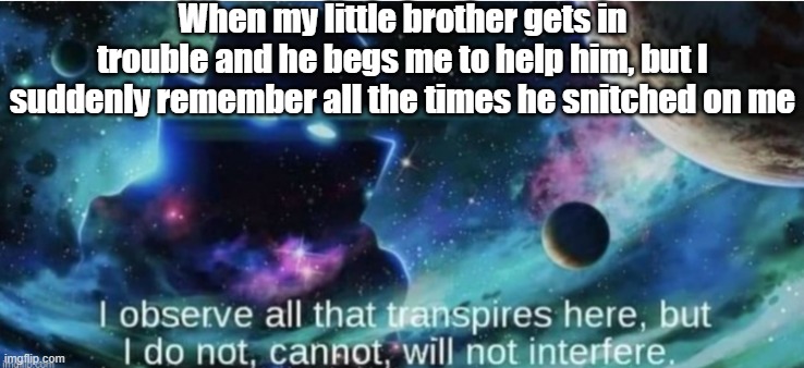 Little Bro's Cooked | When my little brother gets in trouble and he begs me to help him, but I suddenly remember all the times he snitched on me | image tagged in i observe all that traspires here | made w/ Imgflip meme maker
