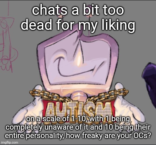 this should wake up a few people I hope | chats a bit too dead for my liking; on a scale of 1-10, with 1 being completely unaware of it and 10 being their entire personality, how freaky are your OCs? | image tagged in autism | made w/ Imgflip meme maker