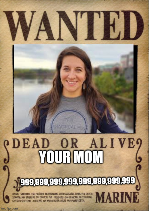 Wanted: your mom | YOUR MOM; 999,999,999,999,999,999,999,999 | image tagged in one piece wanted poster template | made w/ Imgflip meme maker