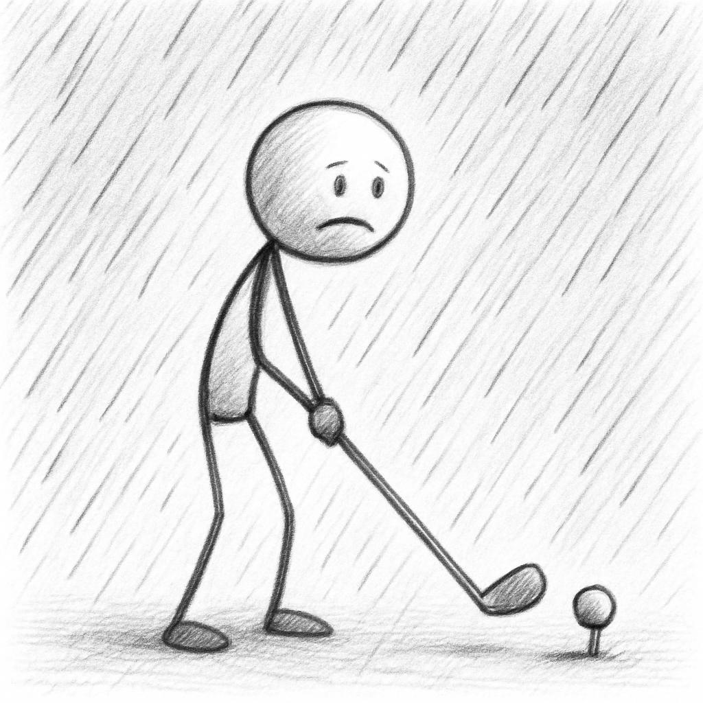 Stick figure holding a golf club in the pouring rain Blank Meme Template