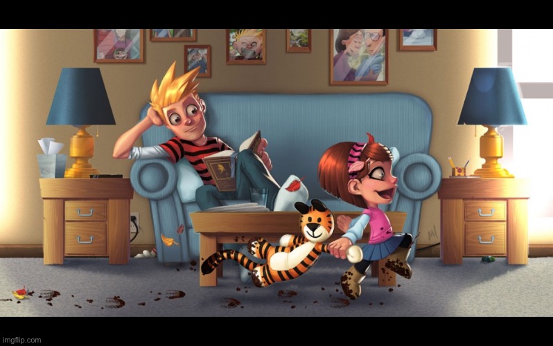 Calvin & Hobbes fan art | image tagged in calvin and hobbes,fan art,future,grown up,like father like daughter | made w/ Imgflip meme maker