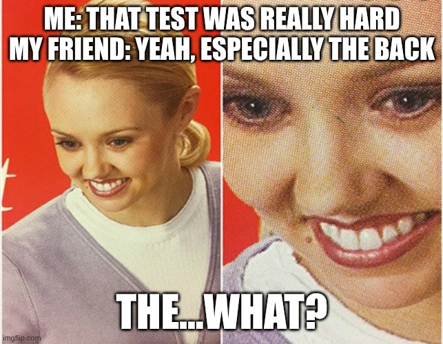 My worst nightmare >:) | ME: THAT TEST WAS REALLY HARD
MY FRIEND: YEAH, ESPECIALLY THE BACK; THE...WHAT? | image tagged in wait what | made w/ Imgflip meme maker