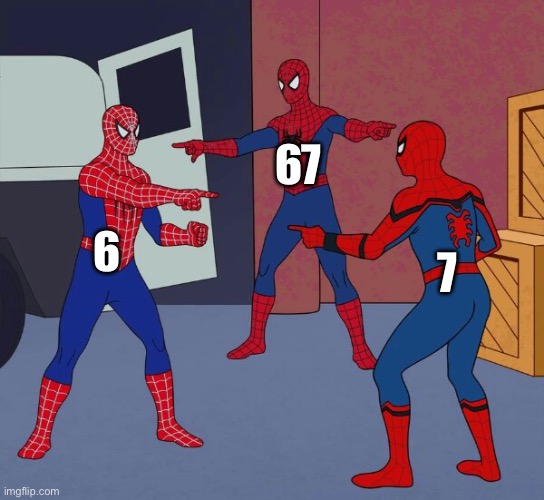 67 | 67; 6; 7 | image tagged in spider man triple,67 | made w/ Imgflip meme maker