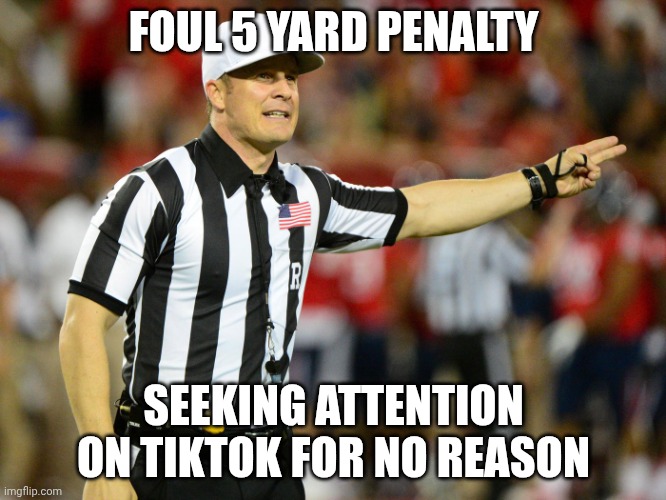 Use this! | FOUL 5 YARD PENALTY; SEEKING ATTENTION ON TIKTOK FOR NO REASON | image tagged in foul - 5 yard penalty for not minding your own business,tiktok,deviantart,why are you reading the tags | made w/ Imgflip meme maker