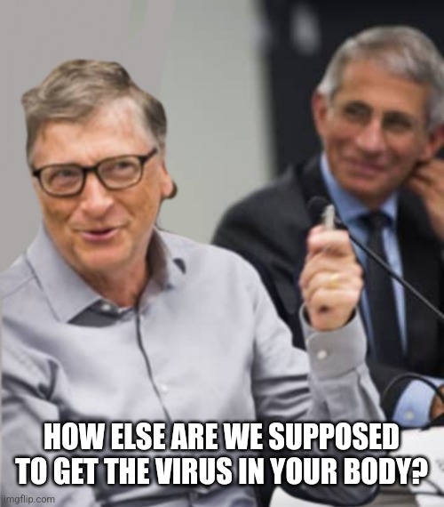 Bill Gates and Dr. Fauci | HOW ELSE ARE WE SUPPOSED TO GET THE VIRUS IN YOUR BODY? | image tagged in bill gates and dr fauci | made w/ Imgflip meme maker