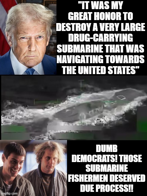 Those submarine fishermen deserved due process! | "IT WAS MY GREAT HONOR TO DESTROY A VERY LARGE DRUG-CARRYING SUBMARINE THAT WAS NAVIGATING TOWARDS THE UNITED STATES"; DUMB DEMOCRATS! THOSE SUBMARINE FISHERMEN DESERVED DUE PROCESS!! | image tagged in dumb and dumber,i'm the dumbest man alive,your such a dumb animal | made w/ Imgflip meme maker