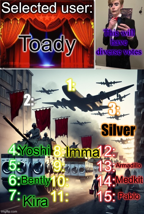Oh boah | This will have diverse votes; Toady; Silver; Yoshi; Imma; Armadillo; Bently; Medkit; Kira; Pablo | image tagged in blind voting by virian | made w/ Imgflip meme maker