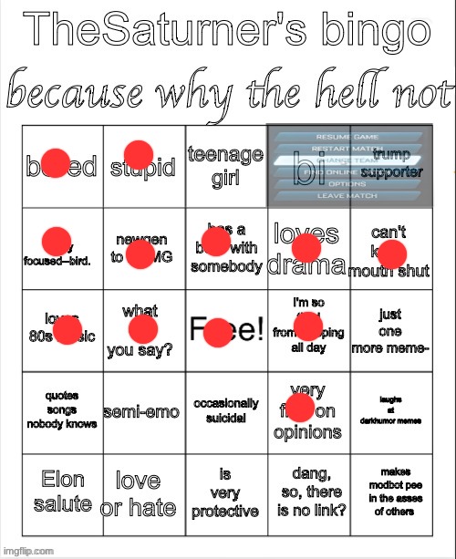Saturner's Bingo Thingy | image tagged in saturner's bingo thingy | made w/ Imgflip meme maker