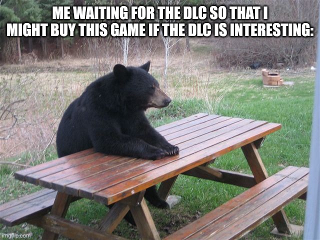 Patient Bear | ME WAITING FOR THE DLC SO THAT I MIGHT BUY THIS GAME IF THE DLC IS INTERESTING: | image tagged in patient bear | made w/ Imgflip meme maker