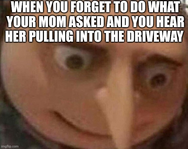 Cooked | WHEN YOU FORGET TO DO WHAT YOUR MOM ASKED AND YOU HEAR HER PULLING INTO THE DRIVEWAY | image tagged in gru meme,relatable,uh oh | made w/ Imgflip meme maker