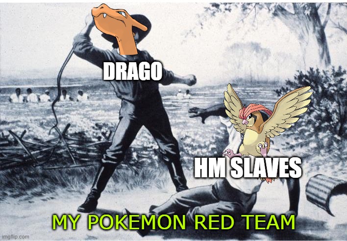 my pokemon red team | DRAGO; HM SLAVES; MY POKEMON RED TEAM | image tagged in slave,pokemon,my pokemon team,gen 1,videogames,pokemon red | made w/ Imgflip meme maker