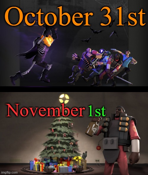 November 1st in a nutshell | October 31st; November; 1st | image tagged in tf2,team fortress 2,november,october,christmas,halloween | made w/ Imgflip meme maker