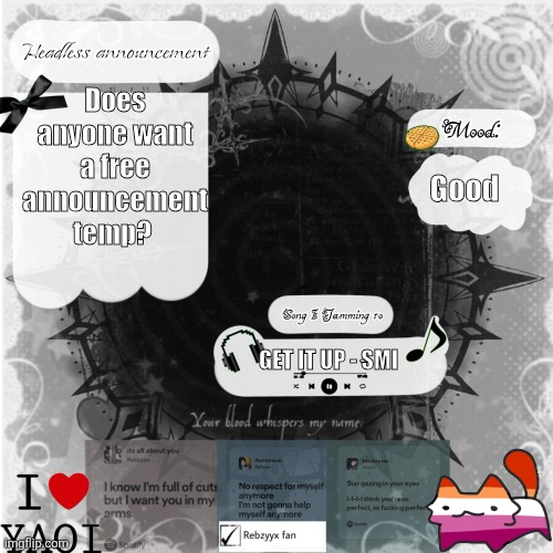 A Headless announcement ✂️ | Does anyone want a free announcement temp? Good; GET IT UP - SMI | image tagged in a headless announcement | made w/ Imgflip meme maker