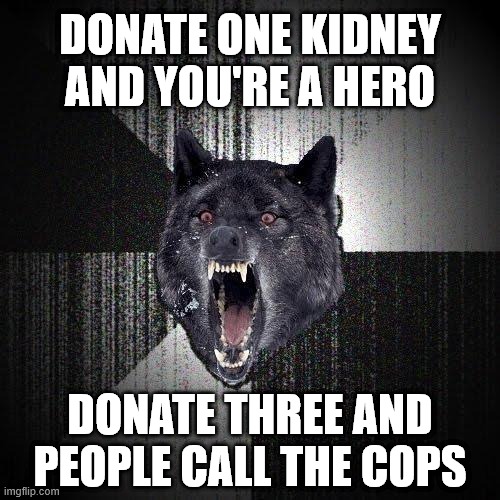 I THOUGHT YOU PEOPLE WANTED KIDNEYS!!!! | DONATE ONE KIDNEY
AND YOU'RE A HERO; DONATE THREE AND PEOPLE CALL THE COPS | image tagged in memes,insanity wolf | made w/ Imgflip meme maker