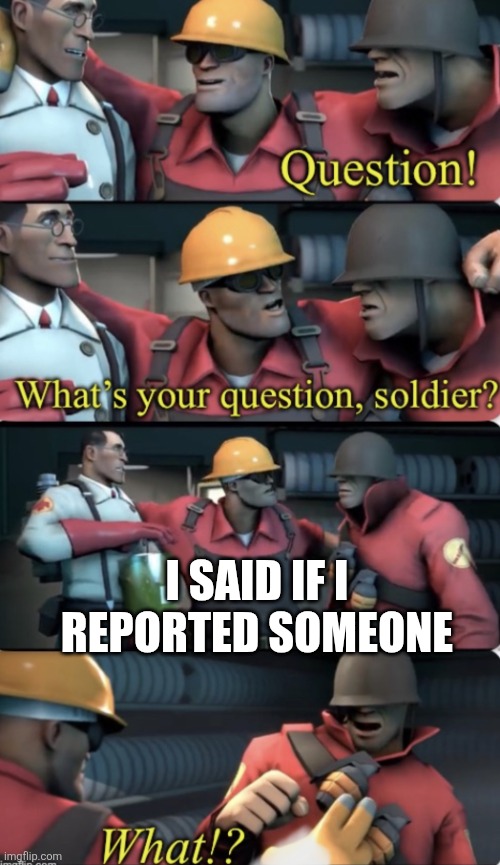 I SAID IF I REPORTED SOMEONE | image tagged in what s your question soldier | made w/ Imgflip meme maker