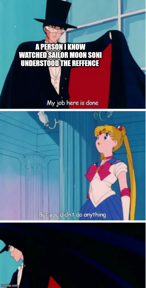 My job here is done | A PERSON I KNOW WATCHED SAILOR MOON SONI UNDERSTOOD THE REFFENCE | image tagged in my job here is done | made w/ Imgflip meme maker