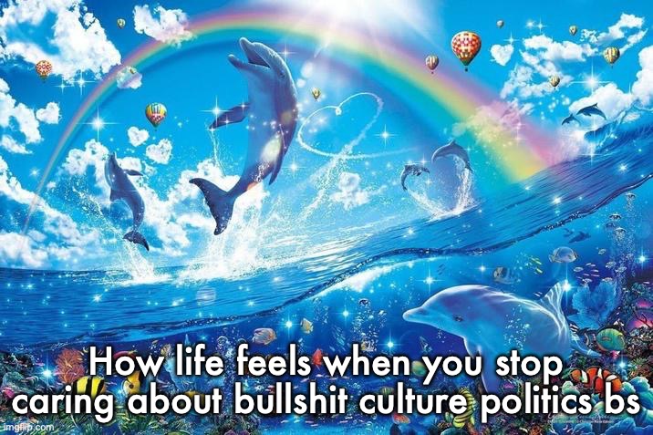 And whether people are racist/sexist/homophobic or not | How life feels when you stop caring about bullshit culture politics bs | image tagged in happy dolphin rainbow | made w/ Imgflip meme maker