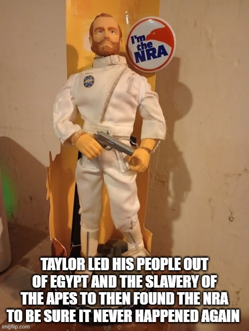 Humans with Guns Stronger than Apes! | TAYLOR LED HIS PEOPLE OUT OF EGYPT AND THE SLAVERY OF THE APES TO THEN FOUND THE NRA TO BE SURE IT NEVER HAPPENED AGAIN | image tagged in planet of the apes,charlton heston planet of the apes,nra,rkba | made w/ Imgflip meme maker