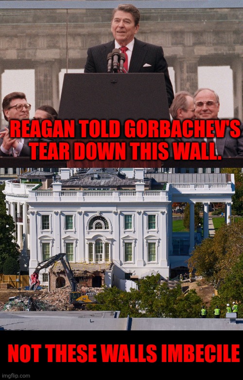 Tear down this wall | REAGAN TOLD GORBACHEV'S TEAR DOWN THIS WALL. NOT THESE WALLS IMBECILE | image tagged in reagan tear down this wall,east wing,donnie destructo,vandalism,maaga monster,trumpzilla | made w/ Imgflip meme maker