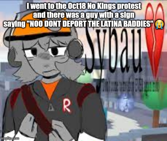 crazy | I went to the Oct18 No Kings protest and there was a guy with a sign saying "NOO DONT DEPORT THE LATINA BADDIES" 😭 | image tagged in builderfan sybau | made w/ Imgflip meme maker