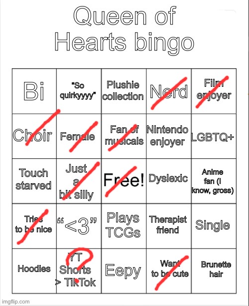 Queen of hearts bingo | image tagged in queen of hearts bingo | made w/ Imgflip meme maker