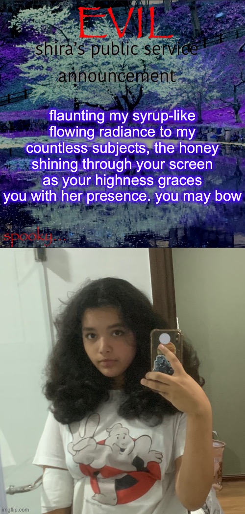 ik im not all that don’t go attacking me in the comments | flaunting my syrup-like flowing radiance to my countless subjects, the honey shining through your screen as your highness graces you with her presence. you may bow | image tagged in shira temp | made w/ Imgflip meme maker