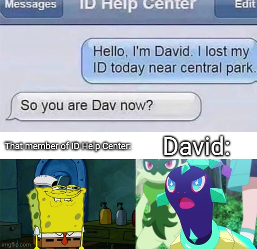 There's always no escape from the pun. | David:; That member of ID Help Center: | image tagged in id,david,pun | made w/ Imgflip meme maker