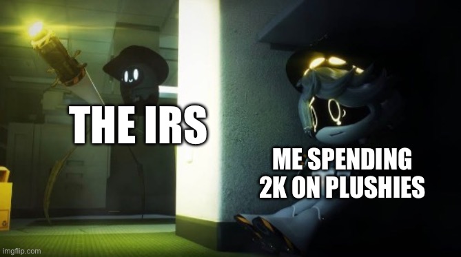 Hehe | THE IRS; ME SPENDING 2K ON PLUSHIES | image tagged in n hiding from beau | made w/ Imgflip meme maker