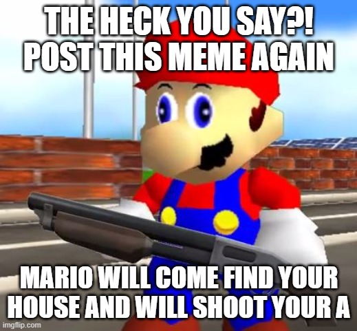 THE HECK YOU SAY?! POST THIS MEME AGAIN MARIO WILL COME FIND YOUR HOUSE AND WILL SHOOT YOUR A | image tagged in smg4 shotgun mario | made w/ Imgflip meme maker