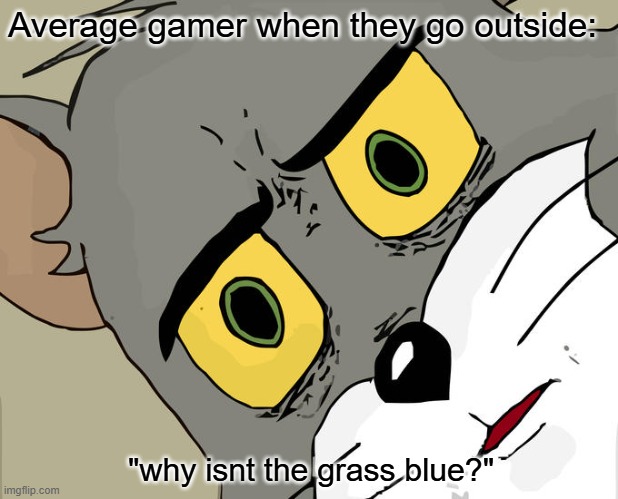 Unsettled Tom | Average gamer when they go outside:; "why isnt the grass blue?" | image tagged in memes,unsettled tom,gamers,touch grass | made w/ Imgflip meme maker