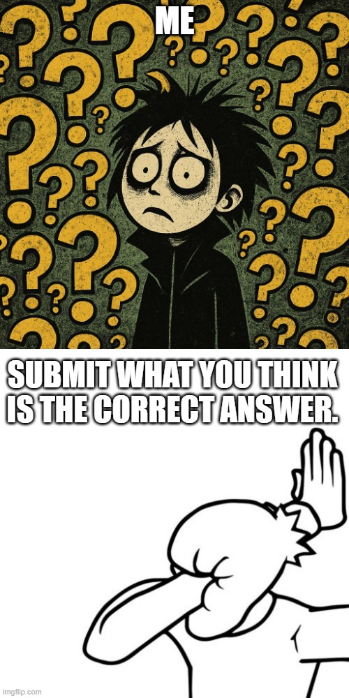 ctf pain | ME; SUBMIT WHAT YOU THINK IS THE CORRECT ANSWER. | image tagged in lots and lots of questions,face palm | made w/ Imgflip meme maker