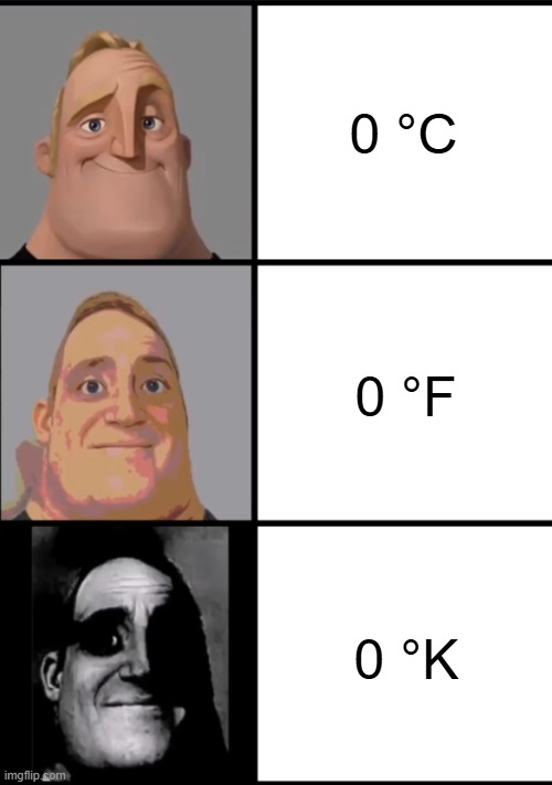 chill out | 0 °C; 0 °F; 0 °K | image tagged in 3 frame uncanny mr incredible,degree,freezing cold | made w/ Imgflip meme maker