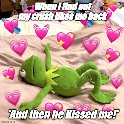 Crush is relate | When i find out my crush likes me back; 'And then he Kissed me!' | image tagged in kermit in love | made w/ Imgflip meme maker