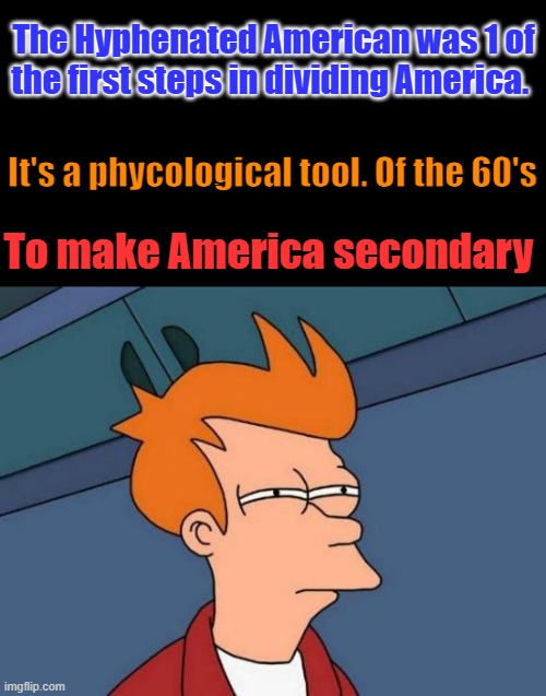 You can't have a 1 world gov. as long as America exists. | The Hyphenated American was 1 of the first steps in dividing America. It's a phycological tool. Of the 60's; To make America secondary | image tagged in memes,futurama fry | made w/ Imgflip meme maker