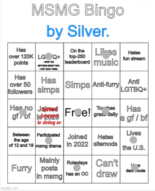 (Gravestone) | I DON'T DO ANYTHING ABOUT THIS. I JUST EXIST THERE. Looked forward to doing so | image tagged in silver 's msmg bingo | made w/ Imgflip meme maker