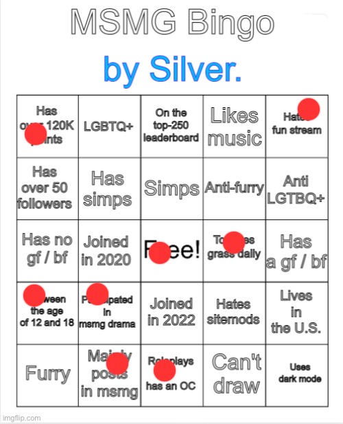 Silver.'s MSMG Bingo | image tagged in silver 's msmg bingo | made w/ Imgflip meme maker